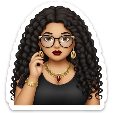 teen big plus size, latina, darker tan skin, gold jewelry, long black curly hair, baddie,pretty, makeup, dark red lipgloss, black eyeliner, long hair, black top, black glasses sticker