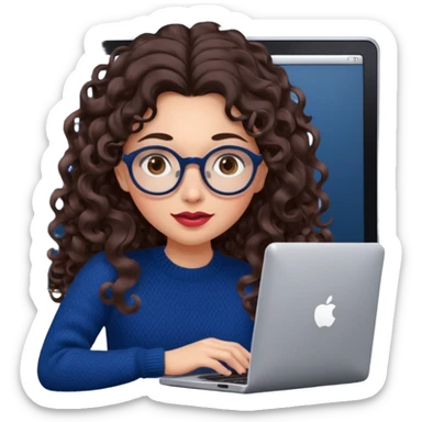 a european white young woman with very long wavy dark brown/chocolate hair with curls at the end of her long hair typing in a computer. she's using round glasses, her lips are light red and her cheeks slightly pink. Her eyes are dark brown. She's using a dark blue knit sweater  sticker