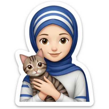 White girl wearing dark blue hijab with white shirt smiling while holding a black grey brown stripes tabby cat sticker