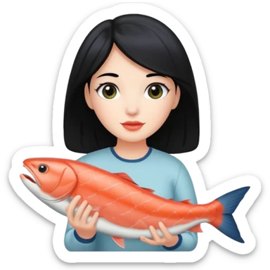 White lady with black hair holding a salmon  sticker