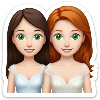 A tall, pale woman with very dark brown hair and green eyes marrying a shorter ginger woman with blue eyes, both in wedding dresses. sticker