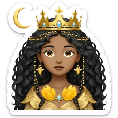 a black beautiful angel with gold pattern on her face and and long wavy black hair, she wears a ethereal crown with sparkling strings and a beautiful sparkling golden gown with moon crest in the middle of the gown, her face calm, gentle and kind, magical aura around her sticker