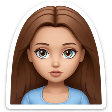 Pretty Bratz doll baddie, straight brown mid lenght hair, pale-tanned skin, natural makeup, light blue-grey eyes sticker