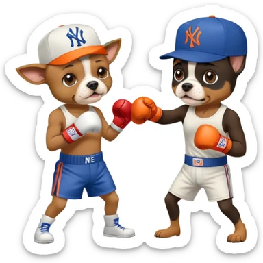 Yorkie wearing a New York Yankees hat boxing a Brown Boston terrier wearing a New York Mets hat  sticker