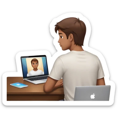 A man seen from behind, with detailed, well-lit hair. He is sitting in front of an open MacBook on a desk. On the MacBook screen, the Instagram logo is clearly visible and glowing.  sticker