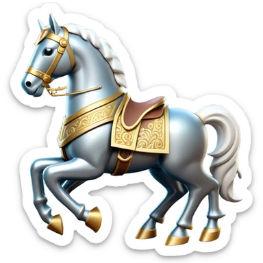 Clash of Clans aesthetic: Cinematic Playful Armored Horse Emoji, rendered in a 3D vector-style similar to standard emojis with minimal shading and bold, simplified shapes. A compact, isometric warhorse outfitted in intricately detailed armor with noble accents, softly glowing with a gallant medieval carriage charm. Simplified yet unmistakably iconic, highly detailed and consistent, glowing with a soft radiant shine and high polish. Stylized with a touch of heroic elegance and a soft glowing outline, capturing the essence of a noble steed ready for battle with a friendly, playful air! sticker