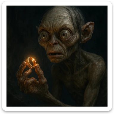 Gollum holding the One Ring, detailed, expressive, fantasy style sticker