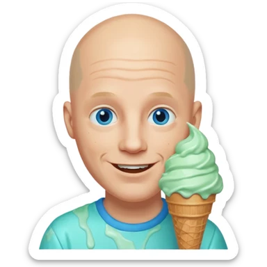 Smiling Bald man with blue eyes with mint ice cream cone all over his face sticker