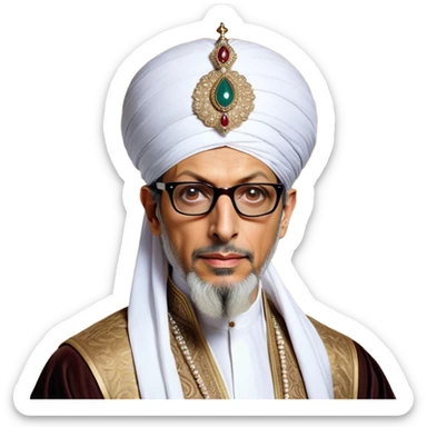 Jeff Goldblum no glasses as a regal portrait dressed as suleiman-the-magnificent,-depicted-as-a-regal-ottoman-sultan-adorned-with-a-large,-white,-round,-tall-turban-and-a-majestic-grey-beard,-his-commanding-gaze-bathed-in-warm,-historic-lighting-that-exudes-time with a large beard **no glasses* sticker