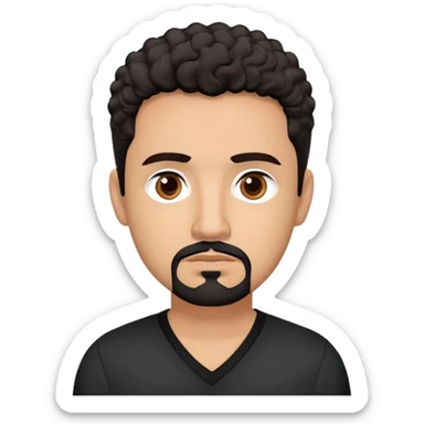 Latino theatre director with light cinnamon skin. Structured face with defined features. Critical dark brown eyes. Thoughtful expression. Well-groomed black goatee with some gray. Short curly dark hair. Wearing a black V-neck shirt with minimal design. sticker