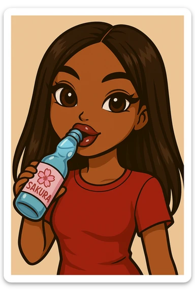 Headshot of a 20-year-old anime Bratz style woman with dark skin, straight hair, trendy outfit, glossy lips, no hat, no tears, happy expression, both eyes open, looking straight ahead, drinking blue Ramune soda labeled 'Sakura'. Change her eyes to brown and her shirt to red. sticker