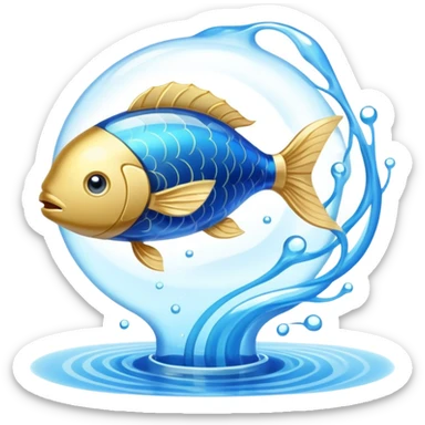 Golden omega-3 capsule floating in blue liquid currents, with an ethereal fish gently spinning around a radiant brain. Blue water waves expand from the brain, promoting mental clarity, emotional calm, and cardiovascular fluidity. sticker