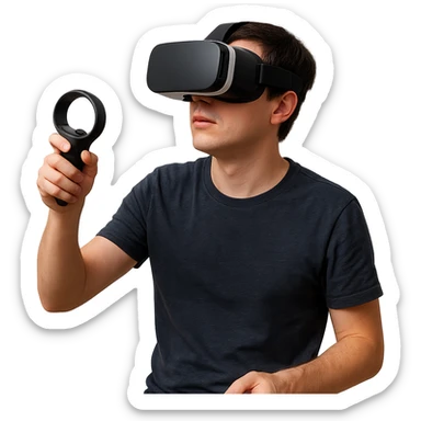 person wearing a VR headset, holding a VR controller sticker