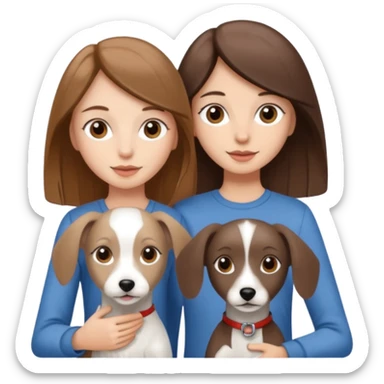 Two really cute girls, one light brown hair, one dark brown hair, tall skinny with a white Maltese and a mini greyhound sticker