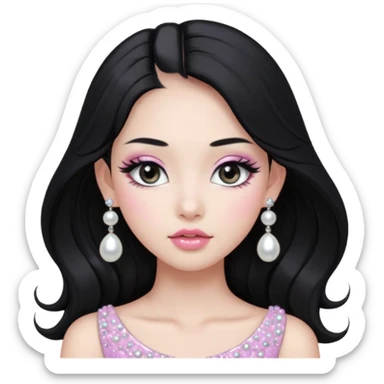 asian long voluminous black hair silver grey eyes glossy lips glittery white and light pink eyeshadow girl pearl earrings sticker