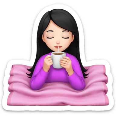 black haired girl inside a pink blanket sipping coffee with eyes closed and lashes sticker