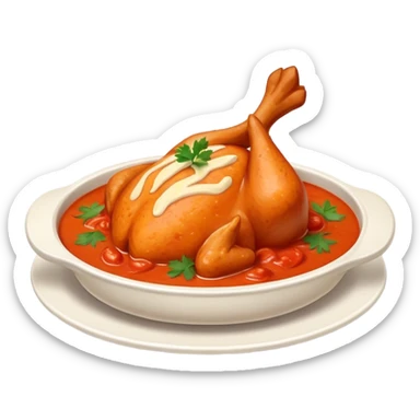 Cinematic Realistic Butter Chicken Dish Emoji, depicted with tender chicken simmered in a creamy tomato‚Äêbased sauce rendered with rich textures and dynamic, appetizing lighting. sticker