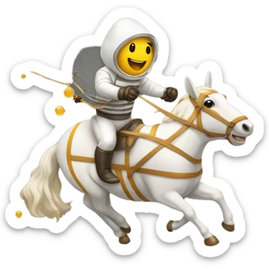 beekeeper wearing a fencing Veil riding a horse with small honey chasing him sticker