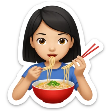 girl with black hair in short sleeves eating noodles sticker