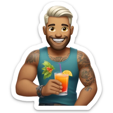A guy with tattoo arms holding two cocktails for happy hour celebration  sticker