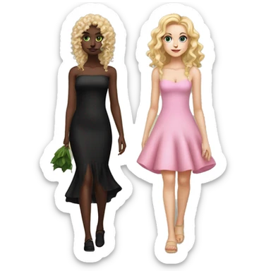 White girl with curly blonde hair (half up half down) in short free pink dress walking with green skin girl with dark fishtail styled hair and long black dress accompanied with black witches hat   sticker