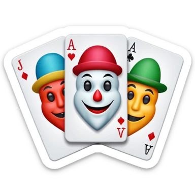 bunch of 3 poker cards, with crazy colorful jolly jokers inside, inversed face sticker