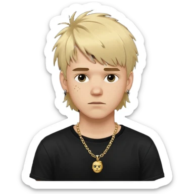 make a iphone emoji who is a white man that looks young with messy blonde medium hair with bangs, and a black punk shirt and a golden neckless sticker