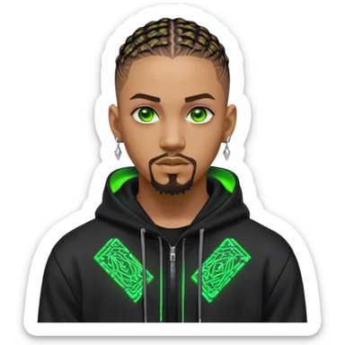 Light skinned African American male with green eyes as a cyberpunk hacker with cornrows hairstyle but short cornrows  with goatee facial hair with very small diamond stud earrings wearing a black hoodie sticker