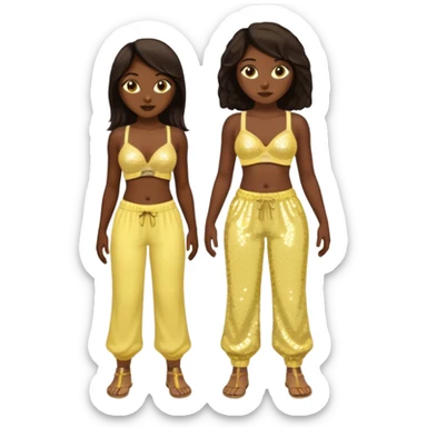 Sasha from Bratz with long dark brown hair, pale yellow bra, pale yellow sequin baggy pants, dark skin sticker