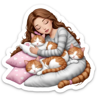 girl with long wavy brown hair, brown eyes, long lashes makeup, sexy pink lips, light to medium complexion,  sleeping on a cozy pillow, with 6 cats: 1 brown and white tabby cat, 1 ginger and white, 2 grey and white, 1 grey has white mittens and small white patch on its chest and 1 calico, sleeping sticker