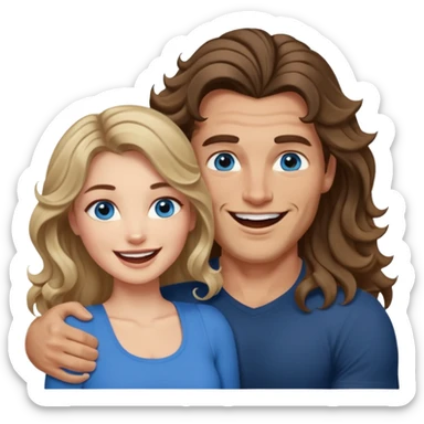 Women with blue eyes and very long, brown blond balayage curled hair in the arms of a man with strong arms a straight face, a very sexy man blue eyes. They are laughing at each other. He has dark brown hair: A fade haircut down to skin and is light skinned  sticker