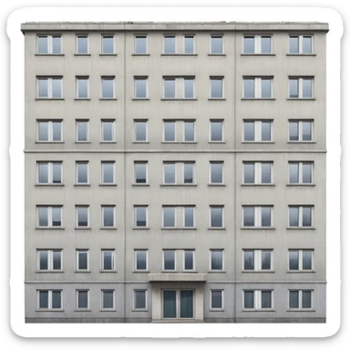 Soviet-era panel apartment building with rows of identical windows, gray concrete facade, flat roof, typical Russian multi-story residential building sticker
