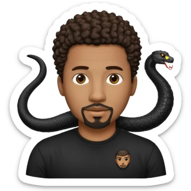 Homme noir, yeux marron avec un bouc menton, cheveux court et bouclé crépus avec un dégradé sur le côté, avec un cobra à côté , t-shirt noir  sticker