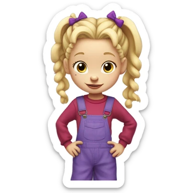 A little blonde girl with pigtails and little purple bows wearing a red long sleeved shirt and purple overalls, full body, rugrats sticker