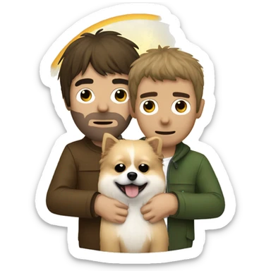 noel and liam gallagher hugging a pomeranian dog, noel is on the left and liam on the right sticker
