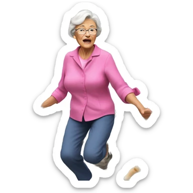 Grandmother climbing mount everest wearing a pink blouse followed by hundreds of cats and grandchildren, as she throws food rations down to them to help them push forth, their faces showing visible exertion. sticker