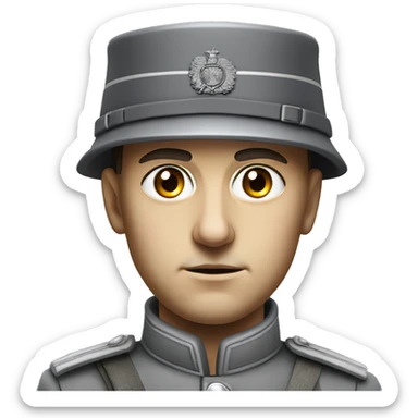 serious german soldier the middle of the XX century photorealistic gray uniform detailed face with wrinkles, closed mouth, small eyes  sticker