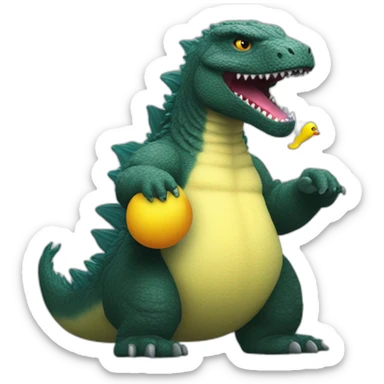 Godzilla playing with a rubber duck sticker