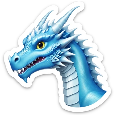 Cinematic Noble elegant Ice Dragon Portrait Emoji, Poised and imposing, distinct long elegant snout, with a slender, scaled body shimmering in glacial hues of icy blue, frostbitten silver, and crystalline white, breathing out frost, with piercing, glowing eyes that radiate the chilling depths of an arctic storm; rendered in detail. sticker