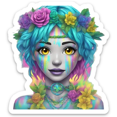420 Tie dye hippie person flower crown tattoos hemp leaves metallic iridescent holographic blue cyan green pink yellow hazard stripes dark colours sticker