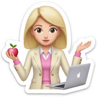 Female teaching working on an apple macbook, wear a cream long blazer, with a Pink shirt Day Teacher, must have a hazel eyes.  sticker