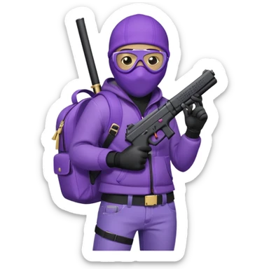 YN character wearing a ski mask, holding a Glock 10mm, dressed in purple jeans, with a Sprayground bookbag on his back sticker