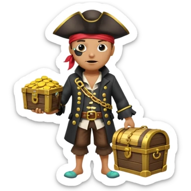A 3D cartoon pirate character with one eye covered by a black eye patch, holding a treasure chest filled with gold coins and jewels, standing on sandy ground, wearing a pirate hat and coat, warm sunset lighting, realistic Memoji-style rendering. sticker