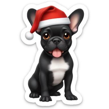 A small, black-and-tan French bulldog with a mostly black face and tan paws, wearing a classic red and white Santa hat, sitting happily with its tongue slightly out. sticker