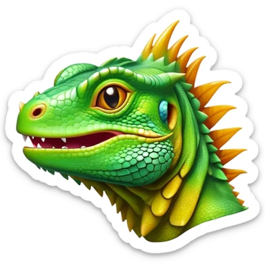 Cinematic Realistic Comical Iguana Portrait Emoji, Head tilted dramatically with an exaggeratedly amused expression, featuring a striking, glossy green-scaled body with bold natural textures and wide, expressive amber eyes brimming with playful disbelief, rendered with lifelike clarity and vibrant hues, high shine, dramatic yet playful, styled with an air of cheeky tropical mischief, soft glowing outline, capturing the essence of a spirited and over‐the‐top iguana that looks ready to charm its way into viral fame! sticker