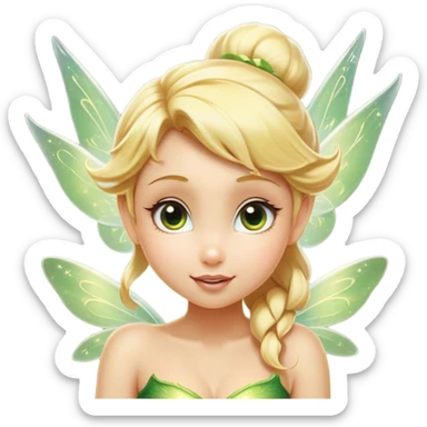 Cinematic Realistic Blonde Tinker Bell Fairy Portrait, head tilted playfully and inquisitively, showcasing a delicate pixie form with finely detailed, golden blonde hair and softly glowing, translucent wings that catch the light with a cascade of fairy dust. Her bright, curious eyes sparkle with mischief and wonder, rendered with lifelike clarity and warm, gentle lighting that captures the essence of a spirited, charming fairy ready to flutter playfully into your heart. sticker