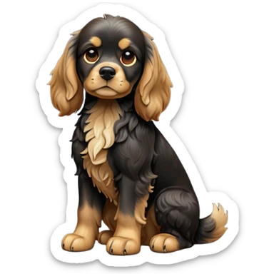 cinematic-[cocker spaniel dog]-realistic-full-body-sitting-emoji,-tail-resting-loosely-beside-its-paws,-head-tilted-dramatically,-scruffy-[black]-fur,-simplified-yet-realistic-focused-features,-highly-detailed,-glowing-with-an-almost-sarcastic-glow sticker
