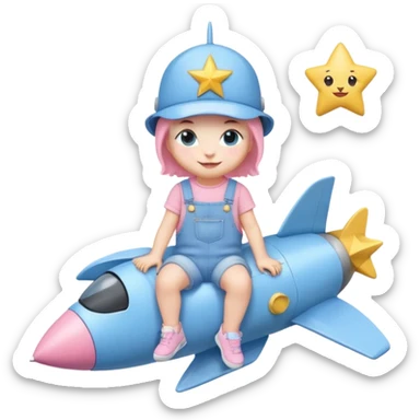 adorable kitten in pastel blue denim overalls, pastel blue sneakers, pastel pink hat with a star, sitting on a rocket, smiling, emoji style sticker
