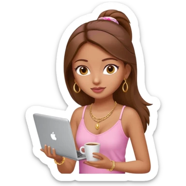 a pretty fair indian bratz girl with brown hair. with a pink cami top, drinking takeaway brown coffee, golden dainty necklace and carrying a white laptop sticker