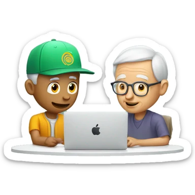 Young man with SnapBack hat helping old man to use artificial intelligence on a MacBook  computer sticker